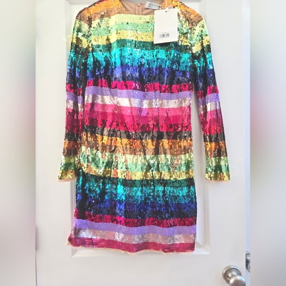 NWT!! Mac Duggal, Multicolor Long Sleeve Sequin Rainbow Dress, MSRP $598 - Picture 5 of 11